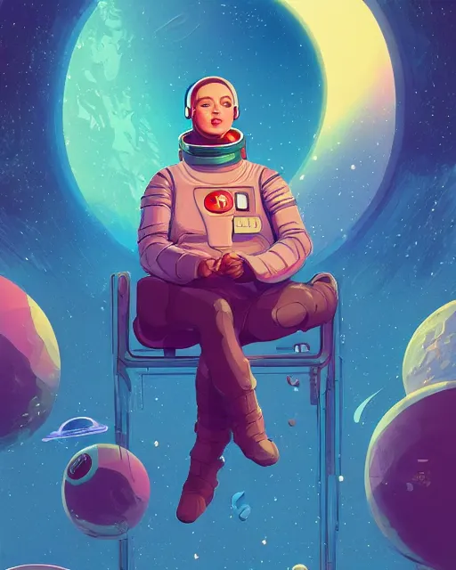 Image similar to wide shoot portrait of ethereal cosmonaut lie relaxed on a crescent moon between the stars and the planets in outer space, cosmonaut post grunge concept art,high detail,4k, trending on artstation by josan gonzalez, wlop and tyler edlin