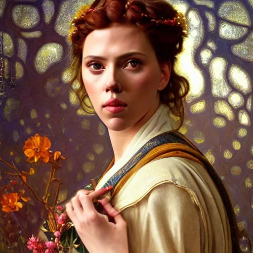 Image similar to highly detailed oil painting | very intricate | cinematic lighting | award - winning | the beautiful scarlett johansson wearing a flowing toga | by godward, by tom bagshaw, by j. c. leyendecker and klimt, beautiful cinematic light, american romanticism, by alphonse mucha, artstation, cgsociety, official art, octane