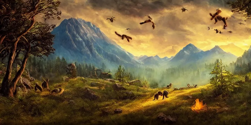 Prompt: A majestic landscape featuring mountains and a forest. A small group of racoons is running from a wild fire. Cinematic, very beautiful, painting in the style of Lord of the rings