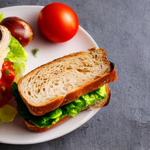 Image similar to sandwich with roasted tofu, also tomato, onion, avocado and cheddar, over a dish and over a table, sunset background with saturn in the sky, studio photo, amazing light