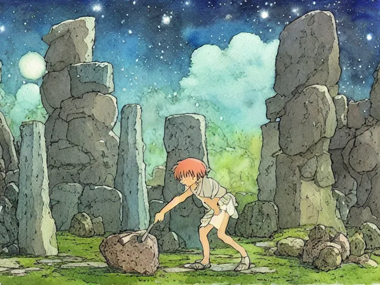 Image similar to a simple watercolor studio ghibli movie still fantasy concept art of a giant wizard playing with stones like they are toys in a tiny stonehenge. it is a misty starry night. by rebecca guay, michael kaluta, charles vess