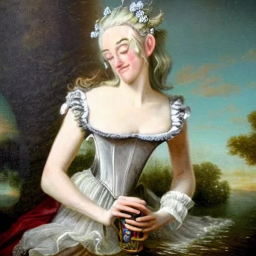 Prompt: A 18th century, messy, silver haired, (((mad))) elf princess (look like ((thirty years old Kate Winslet))), dressed in a frilly ((ragged)), wedding dress, is ((drinking a cup of tea)). Everything is underwater! and (((floating))). Greenish blue tones, theatrical, (((underwater lights))), high contrasts, fantasy water color, inspired by John Everett Millais's Ophelia