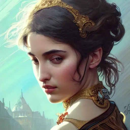 Image similar to a portrait of ana de armas, urban motifs, intricate, elegant, highly detailed, digital painting, trending on artstation, concept art, smooth sharp focus, illustration, art by artgerm and greg rutkowski alphonse mucha