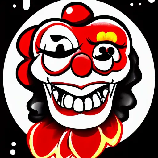 Image similar to angry clown skull in pinup style half dot design,