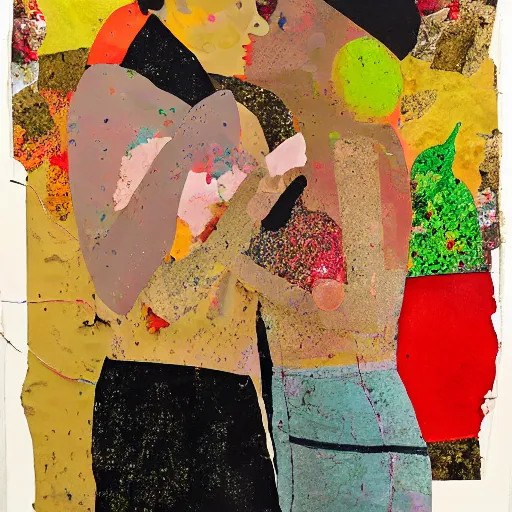 Image similar to two women kissing at a carnival in autumn, mixed media collage, retro, paper collage, magazine collage, acrylic paint splatters, bauhaus, claymation, layered paper art, sapphic visual poetry expressing the utmost of desires by jackson pollock