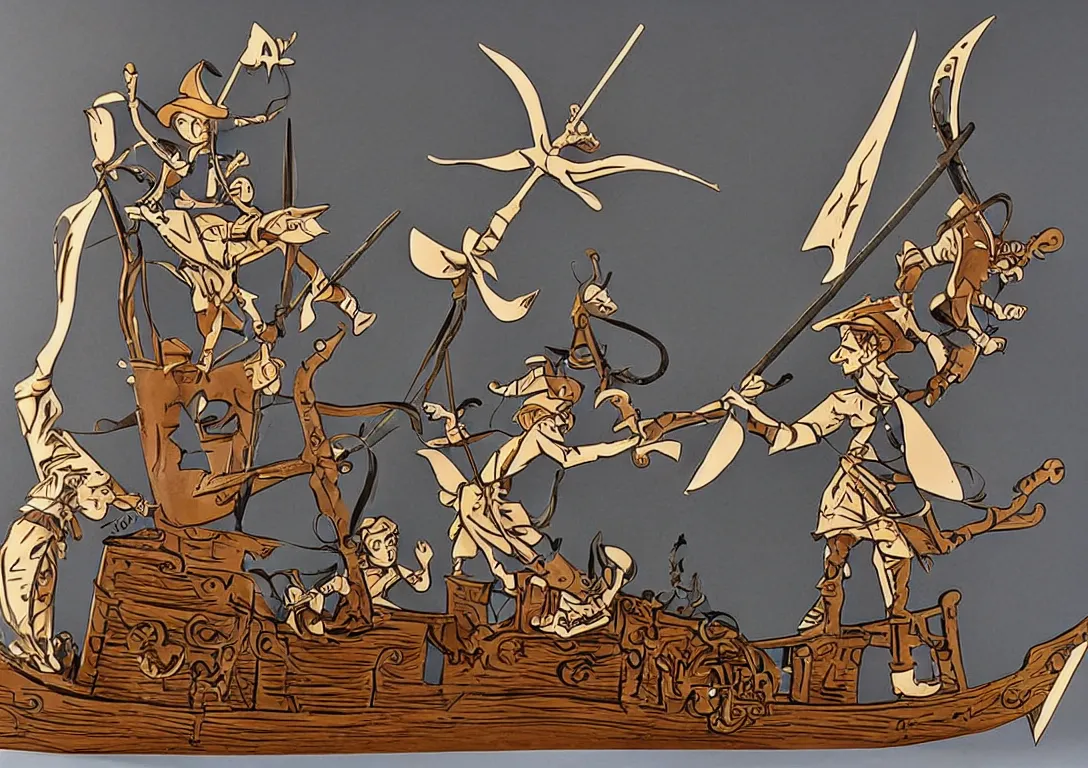 Prompt: a stylized cut paper sculpture of peter pan and captain hook swordfighting on a pirate ship