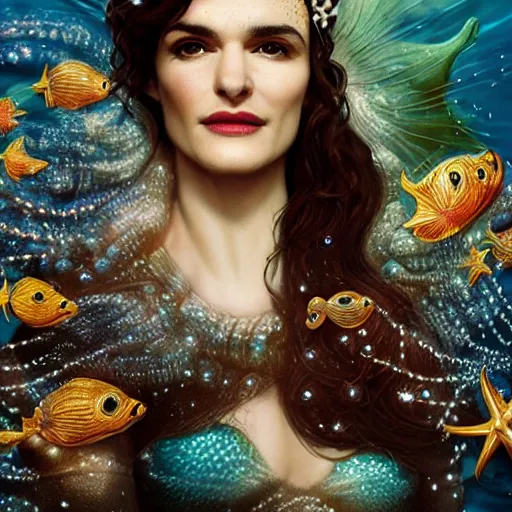 Prompt: rachel weisz portrait, fantasy, mermaid, hyperrealistic, game character, underwater, highly detailed, sharp focus, cinematic lighting, pearls, glowing hair, shells, gills, crown, water, highlights, starfish, jewelry, realistic, digital art, pastel, magic, fiction, ocean, king, colorful hair, sparkly eyes, fish, heroic, god, waves, bubbles