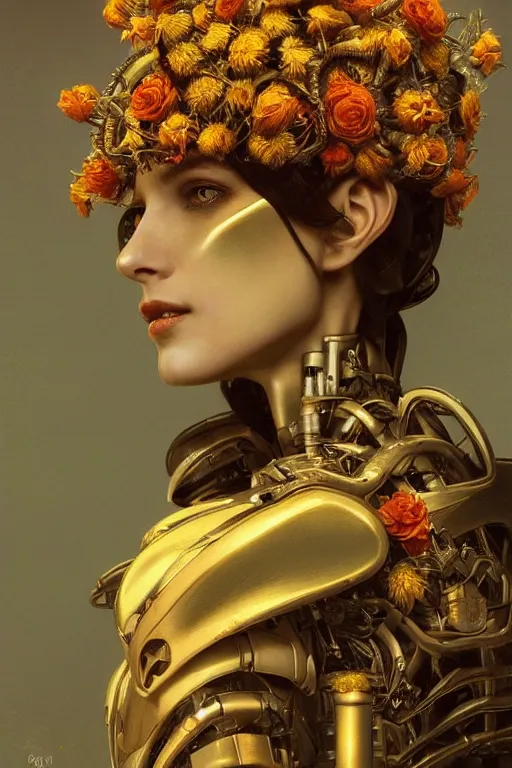 Prompt: a close-up portrait of a female robot, simple crown made of flowers, dramatic backlighting, golden hour, autochrome, high contrast, highly detailed, sharp focus, digital painting, concept art, illustration, cyberpunk, solarpunk, trending on artstation, art by greg rutkowski and greg hildebrandt, composition by alphonse mucha
