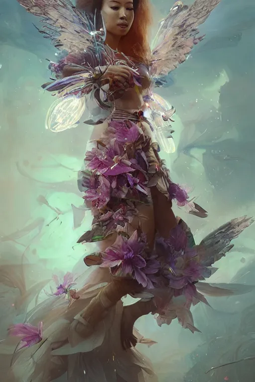 Prompt: beautiful girl witch - doctor exploding into flowers electricity crystal dress, angels, 3 d render, hyper - realistic detailed portrait, holding electricity and birds, ruan jia, wlop. scifi, fantasy, magic the gathering, hyper detailed, octane render, concept art by artgerm, peter mohrbacher