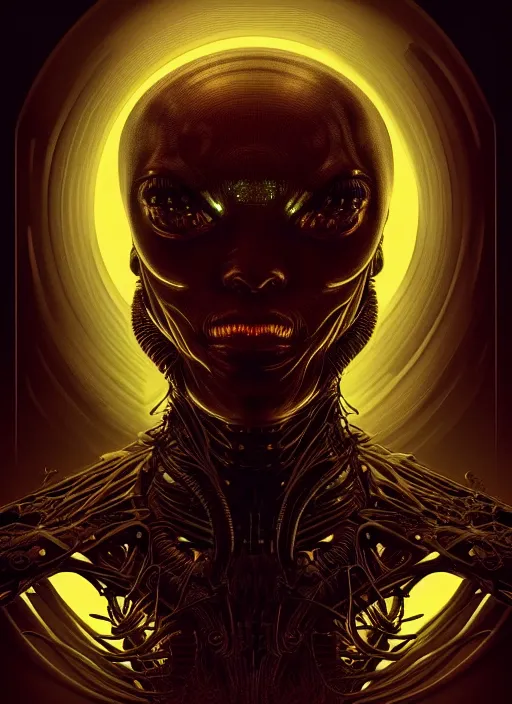 Image similar to symmetry!! portrait of grotesque alien, sci - fi horror, glowing lights!!, intricate, elegant, dark design, highly detailed, dark lighting, digital art, digital painting, artstation, smooth, sharp focus, illustration, art by artgerm and h r giger and greg rutkowski and alphonse mucha, 8 k