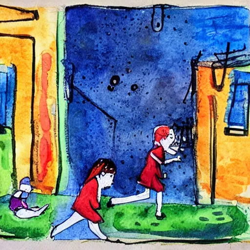 Prompt: “children’s book illustration of children playing in street while spectral figure watches in background, ominous, artist’s guache with watercolor overlay”