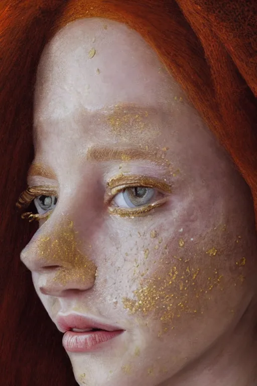 Prompt: hyperrealism extreme close-up portrait of beautiful medieval ginger queen with freckles, golden paint on face, pale skin, wearing dark silk, in style of classicism