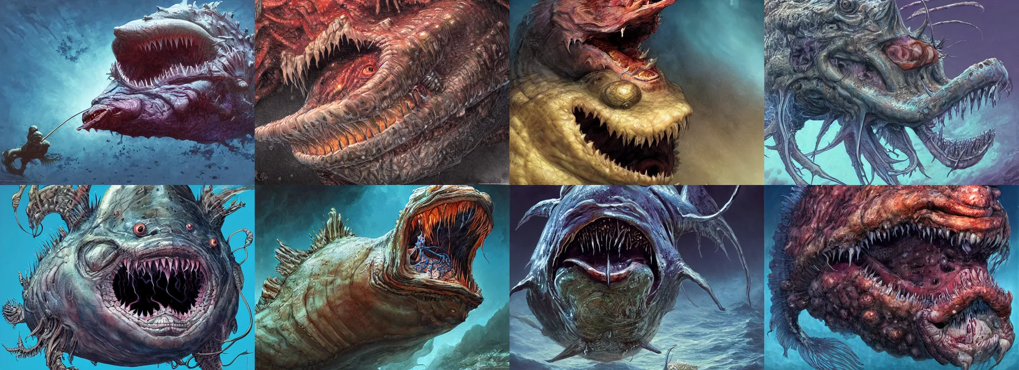 Prompt: a monstrous mutant anglerfish with mouth wide open, underwater, by neville page and wayne barlowe, ( ( ( horror art ) ) ), close up, wide angle, dramatic lighting, highly detailed digital painting