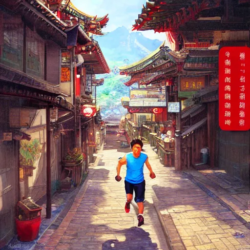 Prompt: portrait of a man running in jiufen taiwan, an oil painting by ross tran and thomas kincade, studio ghibli