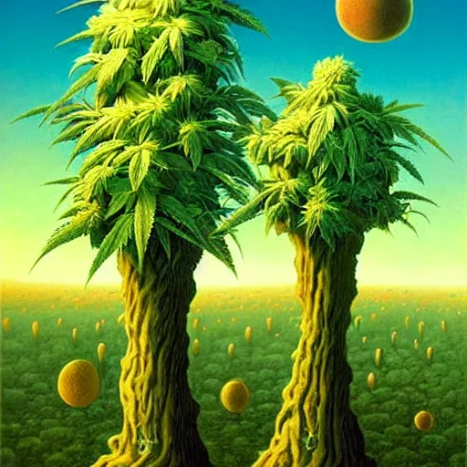 Image similar to surrealistic painting of cannabis trees on alien planet, by vladimir kush