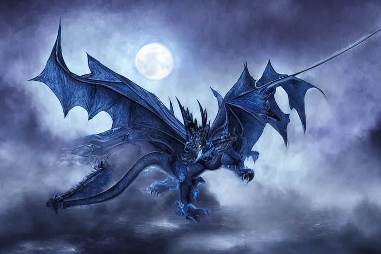 Image similar to an screaming blue and white dragon wearing armor, digital art, moonlight, blue mist, blue smoke,