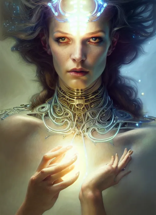 Image similar to cyborg recharging, diffuse lighting, fantasy, intricate, elegant, highly detailed, lifelike, photorealistic, digital painting, artstation, illustration, concept art, smooth, sharp focus, art by John Collier and Albert Aublet and James jean and Brian froud and ross tran and Artem Demura and Alphonse Mucha