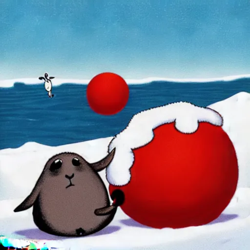 Image similar to cartoon drawing of a seal tossing a red ball with a sheep in antarctica. the seal's head is sticking out above the water and the sheep is standing near the edge of ice