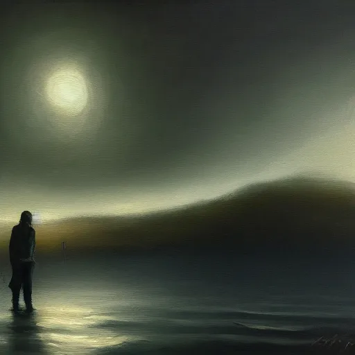 Prompt: man floating in the dark, oil painting, pale colors, high detail, 8 k, wide angle, trending on artstation,