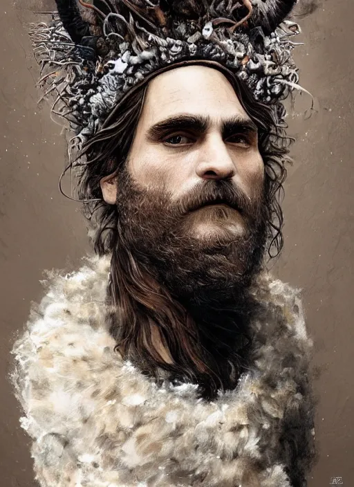 Prompt: a hyper detailed portrait of joaquin phoenix with a crown made of animals, cow horns, sheep wool, chicken feather armor, majestic, angelic, by anna podedworna, by miklos ligeti, by diego maricato, by taran fiddler, by antonino truisi, by chris reddie, by jinsung lim, trending on artstation