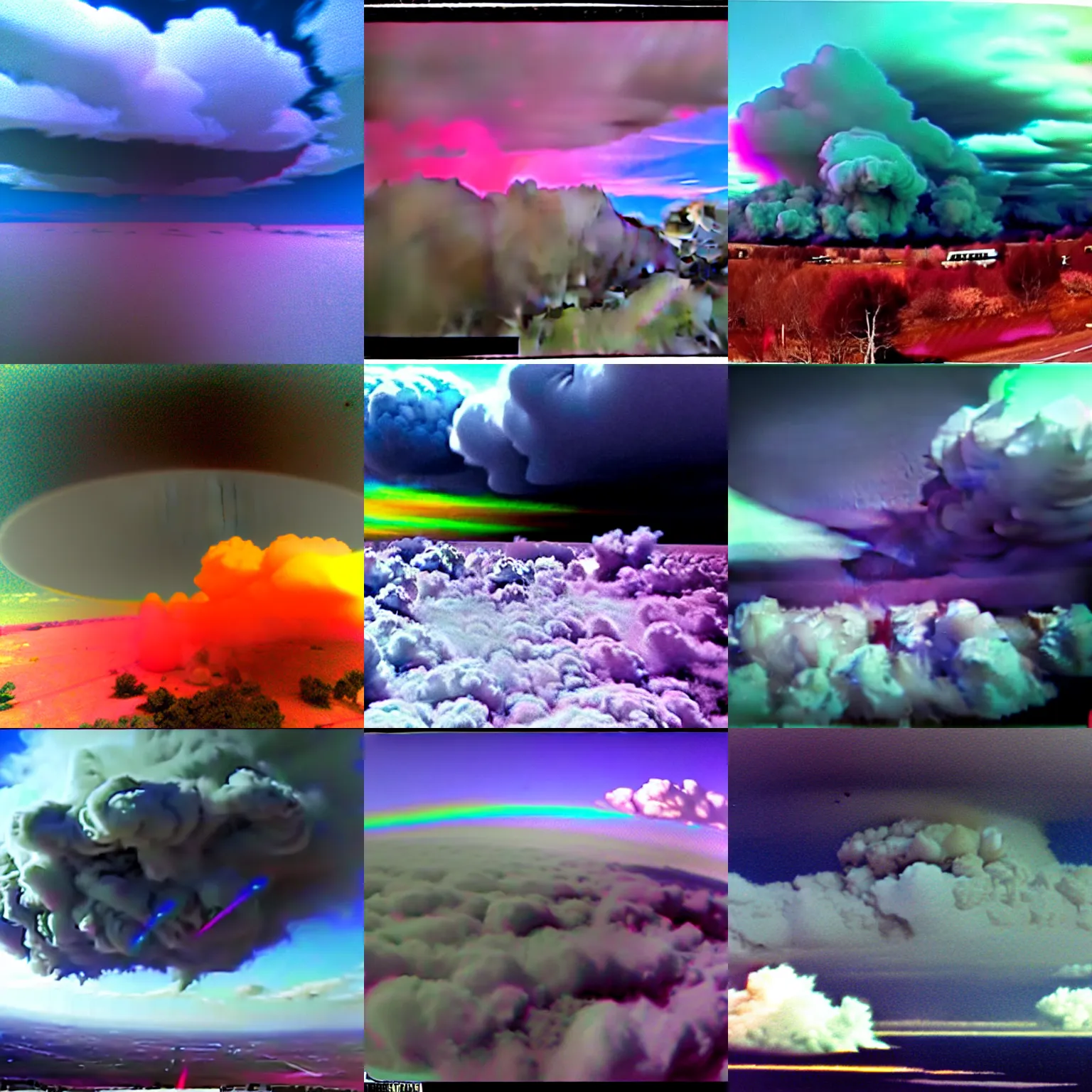 Image similar to combat drone strike war footage, ir, chromatic aberration!!!!!!!!!!!, broken camera colors, iridescent!!!!!!!!! saturated infrared camera, very high contrast, nuclear cloud, high angle vertical, inversed color, clouds, jpeg compression