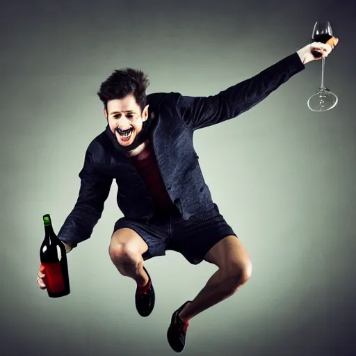 Image similar to a detailed portrait of a male model boisterously dancing around the room by himself holding an empty wine bottle as he jumps in the air in an (art studio), striking artistic concept, perfect composition, detailed facial expression, fine detail, dramatic lighting, award-winning photo UHD, 4K