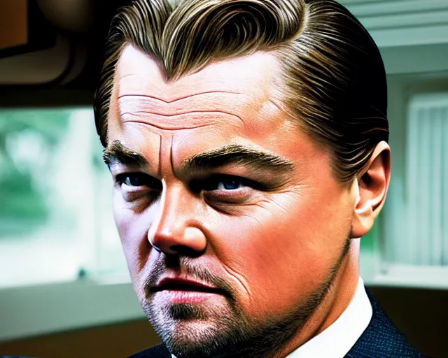 Image similar to leonardo dicaprio as the wolf of wall street, cinamtic, long shot, hyper detailed, realistic face, 8 5 mm photograph, 8 k resolution, film still, sharp lens, wide lens