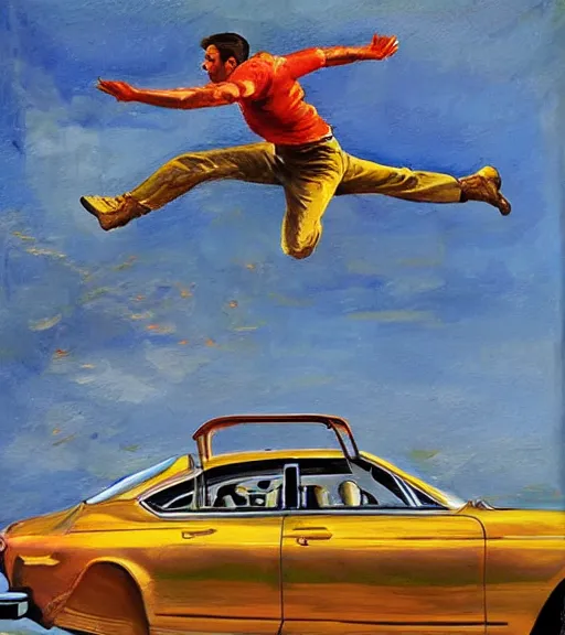Image similar to high quality high detail painting by alberto mielgo, man jumping over a car, hd