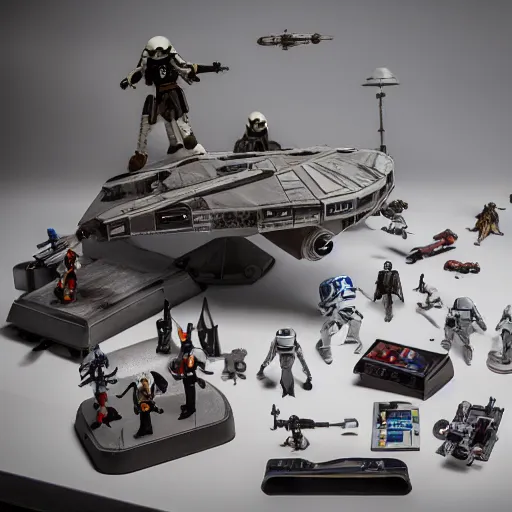 Image similar to a detailed photo of a epic diorama of star wars toys, macro photography, zoom, table, studio lighting