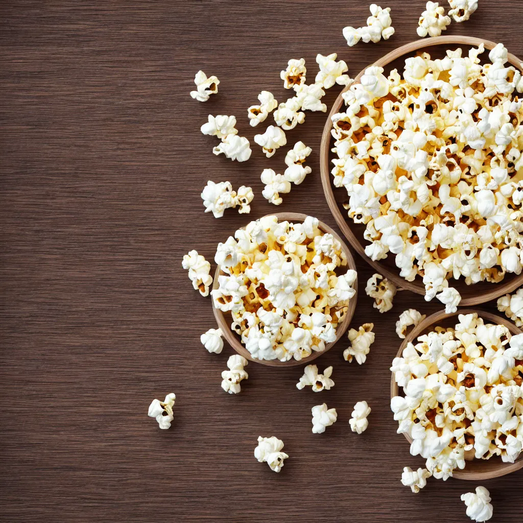 Image similar to top down view with popcorn on top of a wooden table, wallpaper, 4k, photorealistic