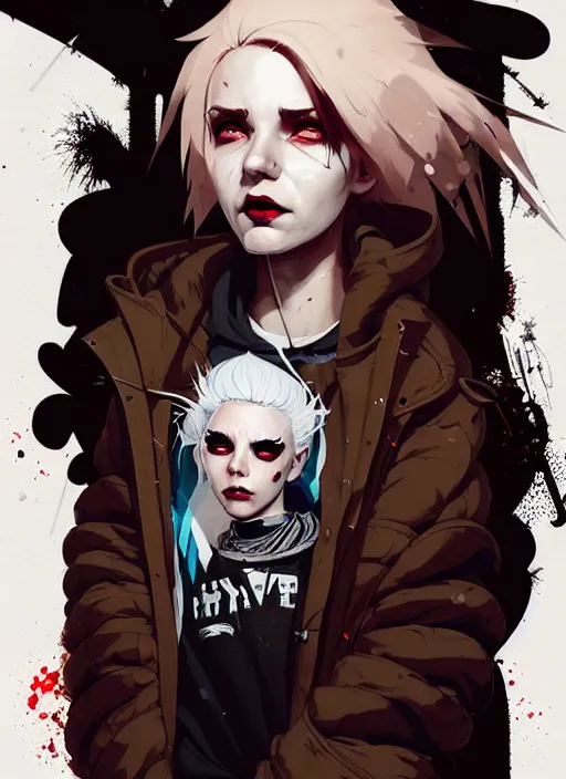 Image similar to highly detailed portrait of a sewer punk canadian lady, tartan hoody, white hair by atey ghailan, by greg rutkowski, by greg tocchini, by james gilleard, by joe fenton, by kaethe butcher, gradient red, brown, blonde cream and white color scheme, grunge aesthetic!!! ( ( graffiti tag wall background ) )