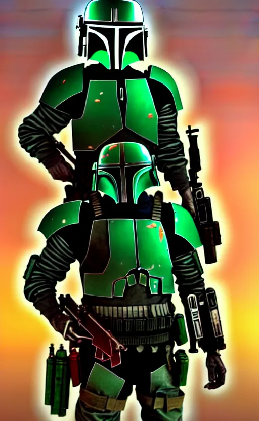 Image similar to cyberpunk mercenary inspired by boba fett in a scenic scifi environment