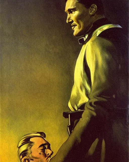 Image similar to Errol Flynn as a scientist. 1980s dystopian Soviet Russia, propaganda screens. Fantasy art by Greg Rutkowski, Gustave Courbet, Rosa Bonheur, Edward Hopper, Ilya Yefimovich Repin, Jean-François Millet, Andrew Newell Wyeth. Faithfully depicted facial expression, perfect anatomy, trending on ArtStation