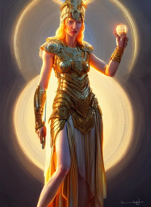 Image similar to cate blanchett as goddess athena, intricate, elegant, glowing lights, highly detailed, digital painting, artstation, glamor pose, concept art, smooth, sharp focus, illustration, art by artgerm and greg rutkowski, artey freytag