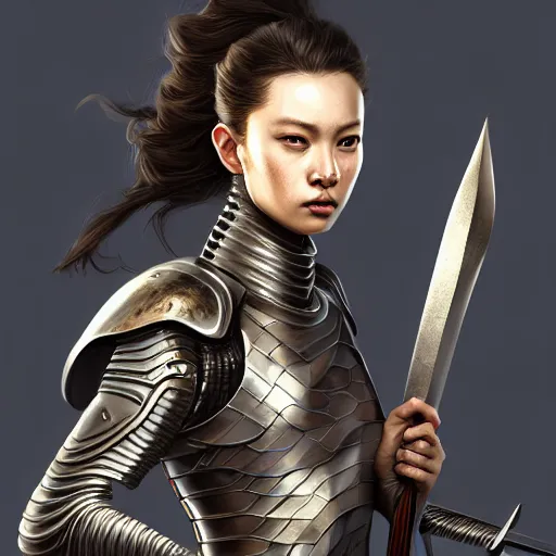 Prompt: portrait digital painting of an armored woman holding a sword. intricate, elegant, highly detailed, digital painting, artstation, concept art, smooth, sharp focus, illustration, by terry wei, qiu fang, tooth wu, kan liu, siwoo kim, jisu choe