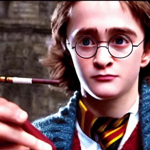 Image similar to harry potter smoking weed, cinematic, 4 k, highly detailed, film footage, film screencap