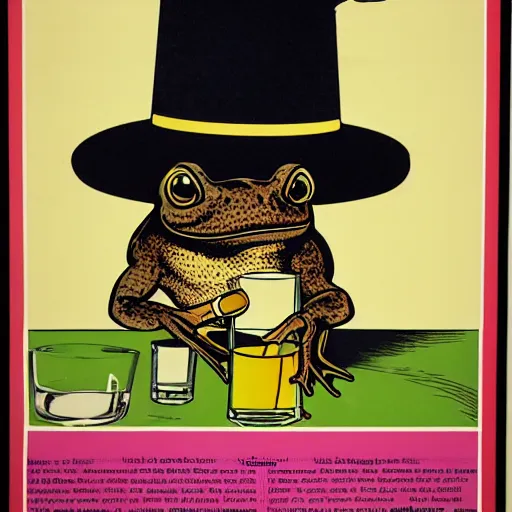Prompt: A 1980s informational poster from a convention center displaying a laid back toad smoking a cigarette, and holding a glass with scotch whiskey. He is wearing a black hat. full body, highly detailed, sharp focus, HQ, post grunge, subtle colors.