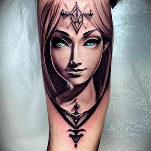 Image similar to tattoo design, stencil, portrait of princess zelda by artgerm, symmetrical face, beautiful