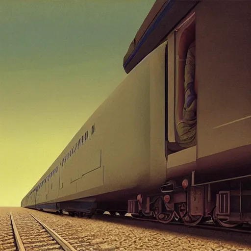 Image similar to a ufo being transported inside of a large train, beksinski, wayne barlowe, very coherent symmetrical artwork, cinematic, hyper realism, high detail, octane render, 8 k