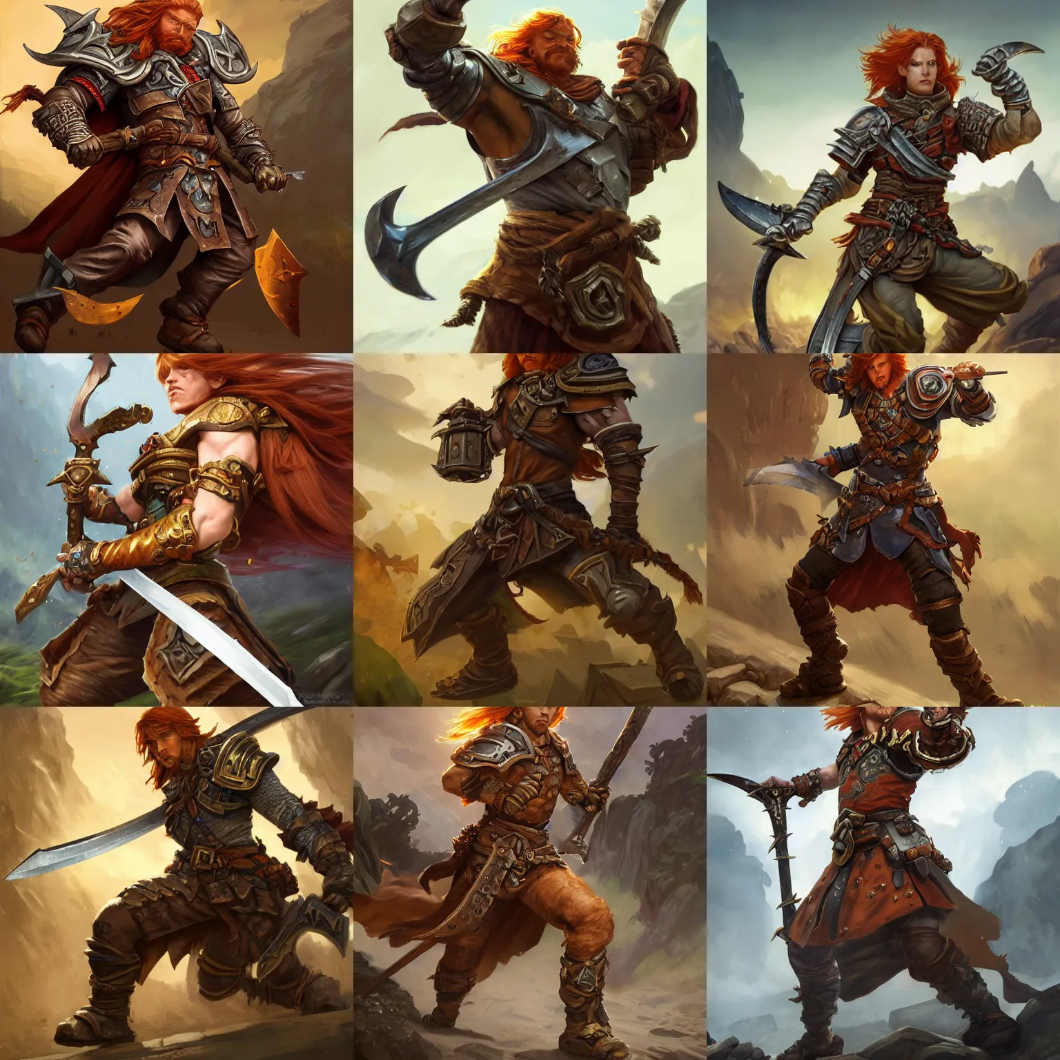 Prompt: character, strong fighter in rag-tag leathers, ginger hair, dynamic action pose, straight zweihander sword, D&D, fantasy, intricate, rugged, highly detailed, digital painting, artstation, octane render, concept art, matte, sharp focus, illustration, hearthstone, art by Artgerm and Greg Rutkowski and Alphonse Mucha