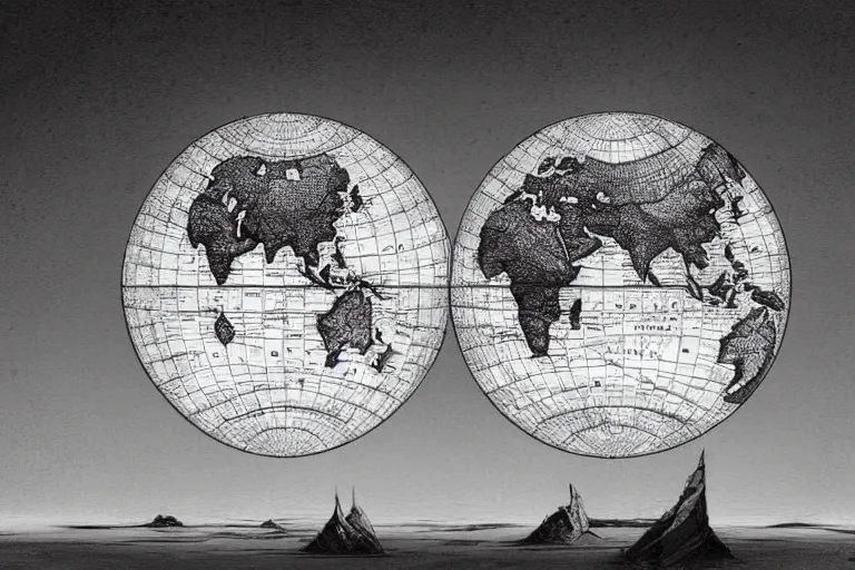 Prompt: intricate and dramatic sketch of world map, both hemispheres shown as globes, evil, insidious, hyperdetailed, 80mm lens, by Greg Rutkowski and guweiz, white and red ink sketch on black paper