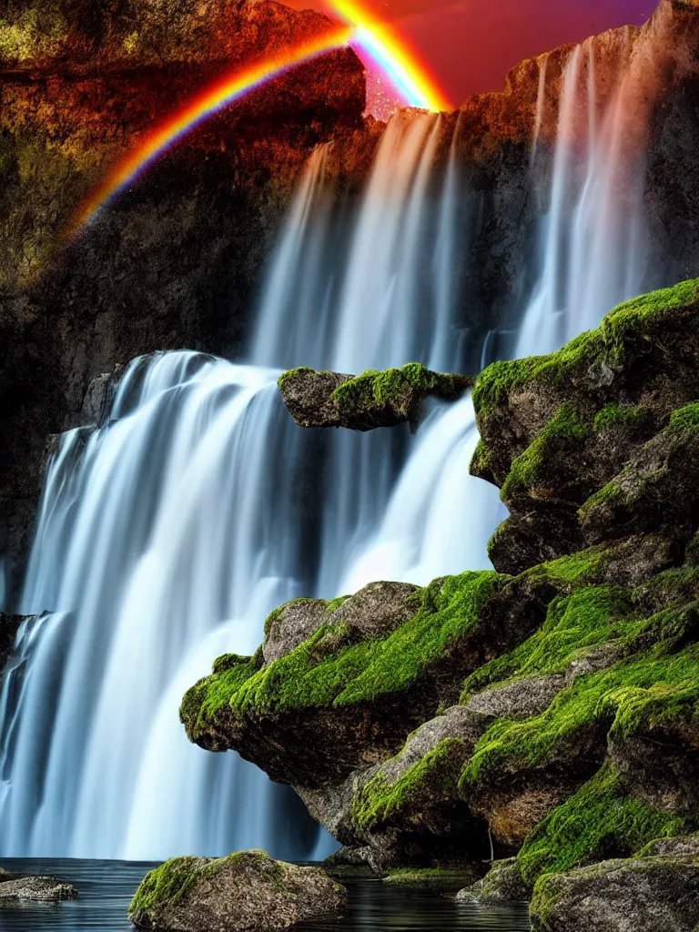 Prompt: poster art of waterfall cascading onto rocks, small rainbow emerging in background, ethereal, beautiful scenery, intricately meticulously detailed, amazing, glitter, 8 k render octane high definition