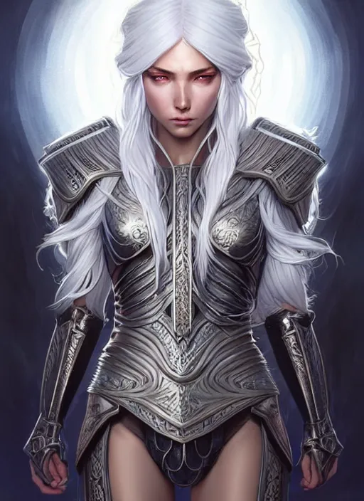 Image similar to light iridescent armor!!! long wild white hair!! covered chest!!! fantasy, d & d, intricate ornate details, digital painting, pretty face!!, symmetry, concept art, sharp focus, illustration, art by artgerm! greg rutkowski magali villeneuve wlop! ilya kuvshinov!!, octane render