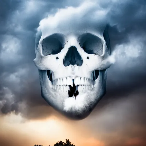 Image similar to skull in the sky made out of clouds, thunder, dramatic lighting