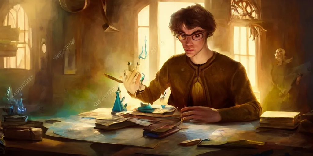 Image similar to a young caucasian male mage they are in a alchemy workshop working at there desk. coherent face, coherent hands, colorful, light rays, medium shot, waist up, sharp focus, bloom, dramatic lighting, very detailed, scene from pixar and dreamworks