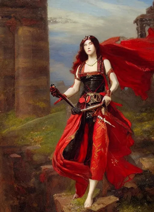 Image similar to woman in dark and red princess dragon armor, she is holding a katana sword, walking on the mystical ancient ruins. by william henry hunt