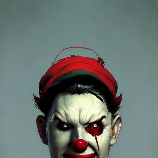 Prompt: 4k headshot portrait of Spawn clown from Macfarlane comics by Craig Mullins, ilya kuvshinov, krenz cushart, epic , artgerm trending on artstation by Edward Hopper and Dan Mumford and WLOP and Rutkovsky, beksinski carl spitzweg moebius and tuomas kocar, intricate artwork by caravaggio, Unreal Engine 5, Lumen, Nanite , 4K headshot of godlike clown with defined arms and open hands and bloody clothes with giant mandala wings , intricate face , flawless anime cel animation by Kentaro Miura, psychedelic , highly detailed upper body , professionally post-processed , beautiful, scary, symmetry accurate features, epic, octane rendered, anime masterpiece, accurate