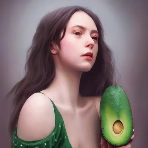 Image similar to ennie award winner lauren walsh lovingly cradling an avacado, fullbody, ultra high detailed, oil painting, greg rutkowski, charlie bowater, yuumei, yanjun cheng, lauren walsh, unreal 5, daz, hyperrealistic, octane render, rpg portrait, dynamic lighting, fantasy art, beautiful face