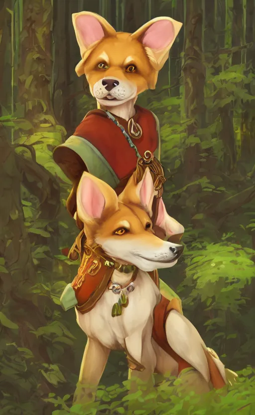 Image similar to stylized close up character portrait icon of the anthro anthropomorphic jindo dog trader head animal person fursona wearing clothes standing in the bright forest, hidari, color page, tankoban, 4 k, tone mapping, akihiko yoshida