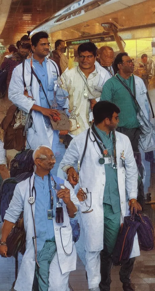 Prompt: close up of three Indian doctors in scrubs disembarking at Heathrow, sun shining, photo realistic illustration by greg rutkowski, thomas kindkade, alphonse mucha, loish, norman rockwell.